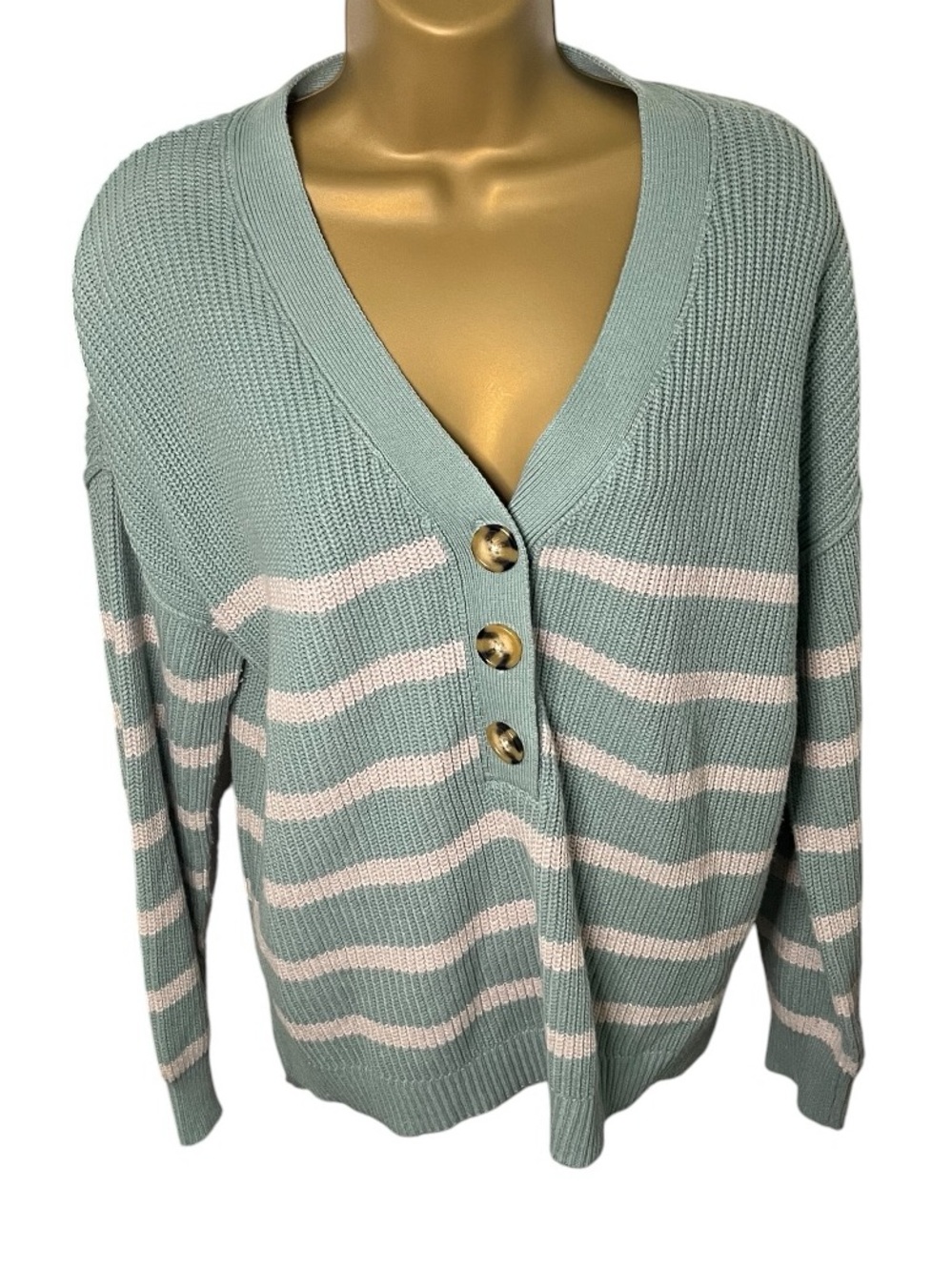 Rachel Zoe Oversized Striped Henley Sweater Chunky Knit Sage Green M